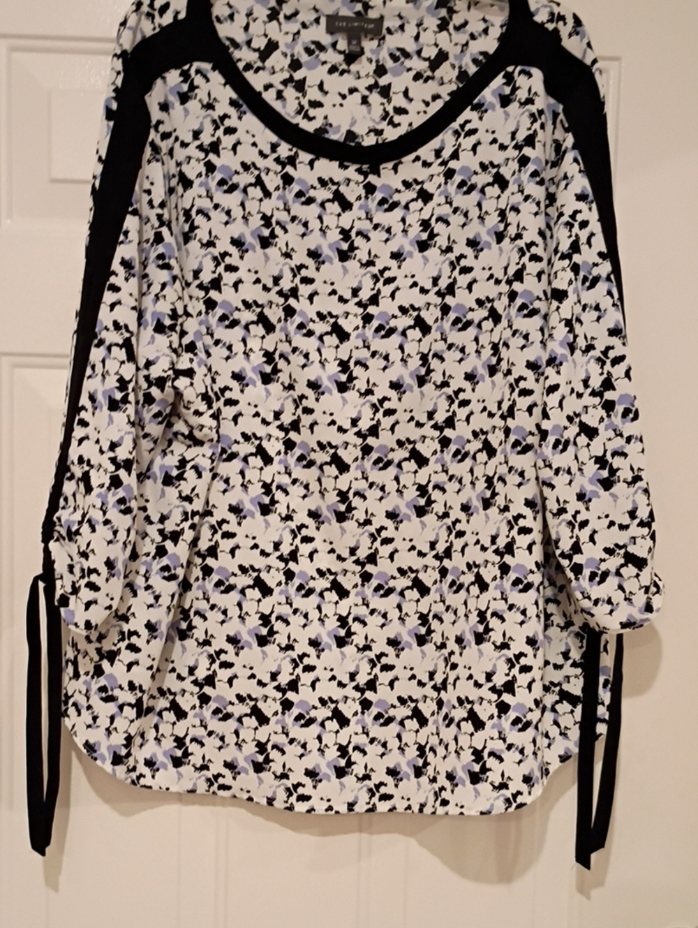 White Floral Tie-Sleeve Blouse with Black Trim